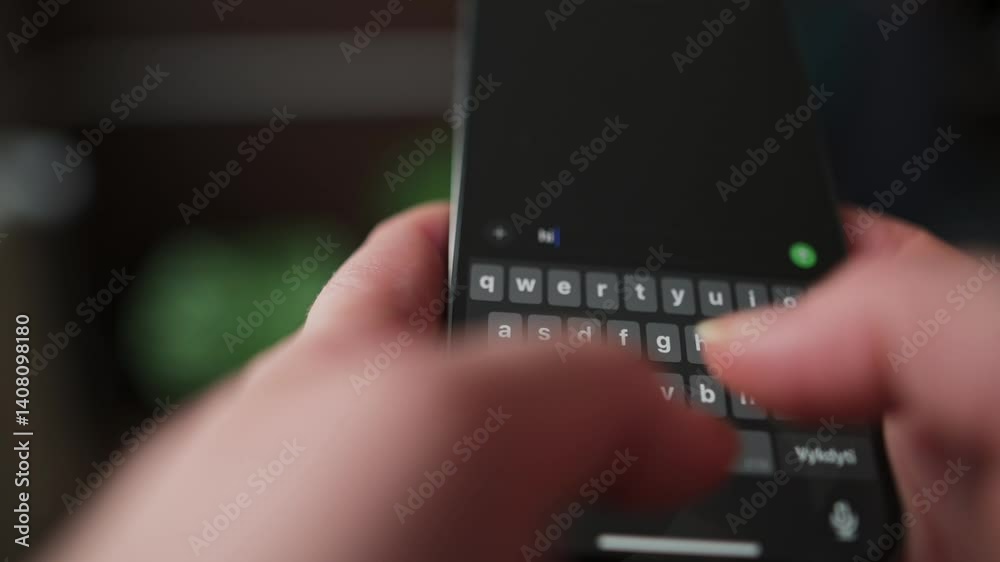  Close-up of hands typing smartphone virtual keyboard with visible letters focused finger movement, interaction in indoor setting, concept of texting mobile digital communication