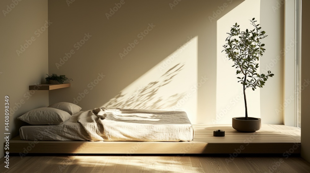 Minimalist bedroom design with natural light and indoor plant decor