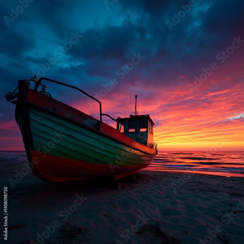 Baltic Sea, Dąbki, Poland. Fishing boat on the beach at sunset.