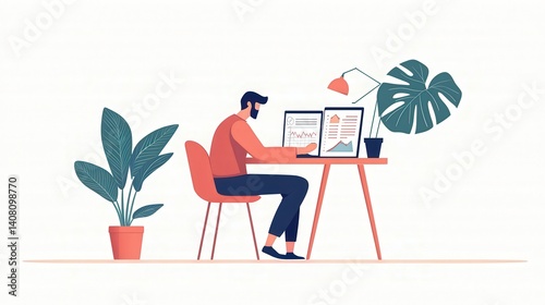 Obraz na płótnie Young man working at a desk with plants and reports in a modern office setting w salonie
