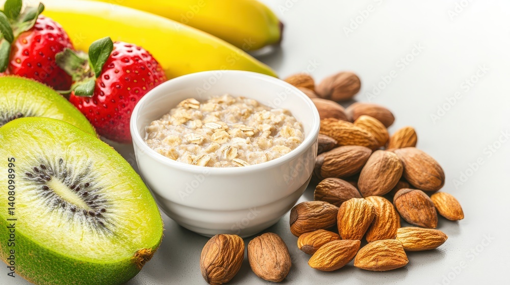 Fresh Fruits and Oatmeal Bowl with Almonds on Clean Surface