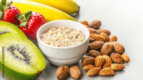 Obraz na płótnie Fresh Fruits and Oatmeal Bowl with Almonds on Clean Surface w salonie