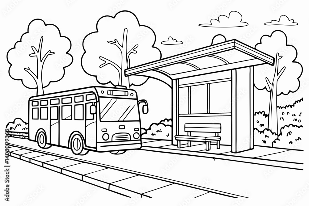 Obraz premium Coloring Pages, Bus Car parked at bus stop, uncolored, black and white