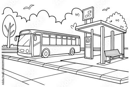 Coloring Pages, Bus Car parked at bus stop, uncolored, black and white