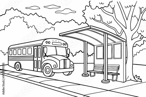 Coloring Pages, Bus Car parked at bus stop, uncolored, black and white