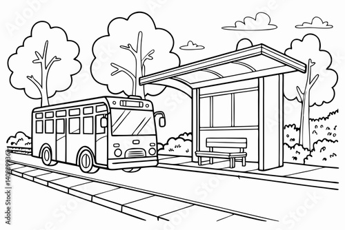 Coloring Pages, Bus Car parked at bus stop, uncolored, black and white