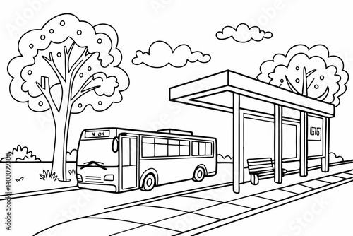 Coloring Pages, Bus Car parked at bus stop, uncolored, black and white