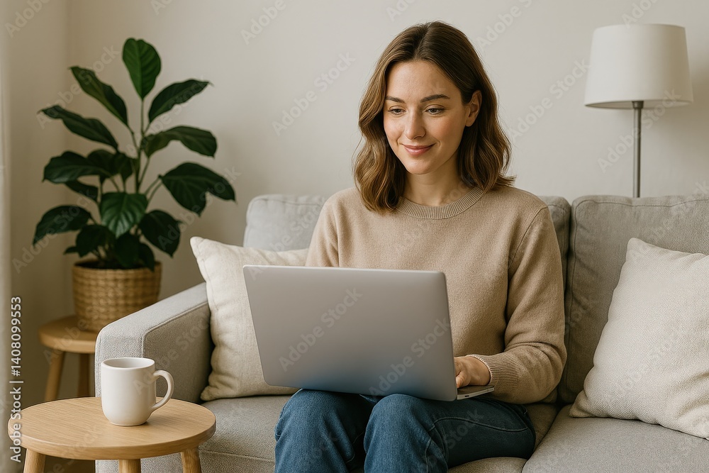 A woman is seated on a comfortable sofa, focused on her laptop while enjoying a cup of coffee. The living room features a stylish plant and warm lighting, creating a serene atmosphere A woman is seated on a comfortable sofa, focused on her laptop while enjoying a cup of coffee. The living room features a stylish plant and warm lighting, creating a serene atmosphere