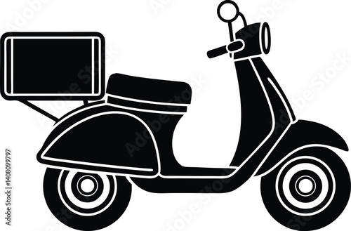 pizza delivery scooter in doodle silhouette icon, girl on scooter, retro vintage scooter, vintage scooter vector, girl with scooter on white background.