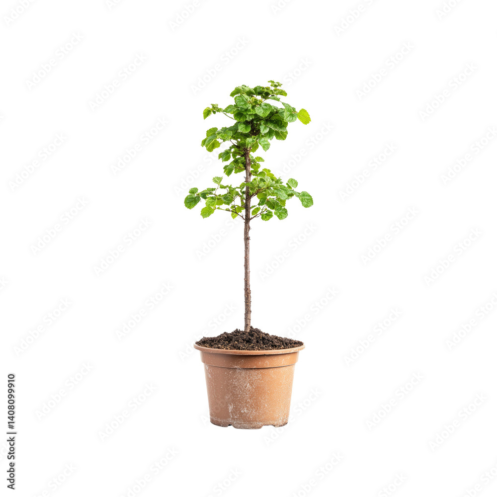 Obraz premium Young Hazelnut Tree Sapling in Terracotta Pot, Isolated on Transparent background