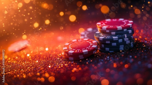 vivid casino chips dynamically floating,a colorful glowing background,stock image