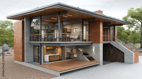 Cross-section of eco-friendly home with earth insulation, greywater reuse, solar array, and natural ventilation, rendered in clean architectural diagram style photo