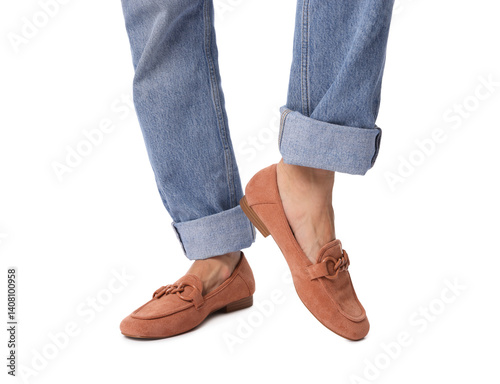 Woman wearing stylish slip-on shoes on white background, closeup