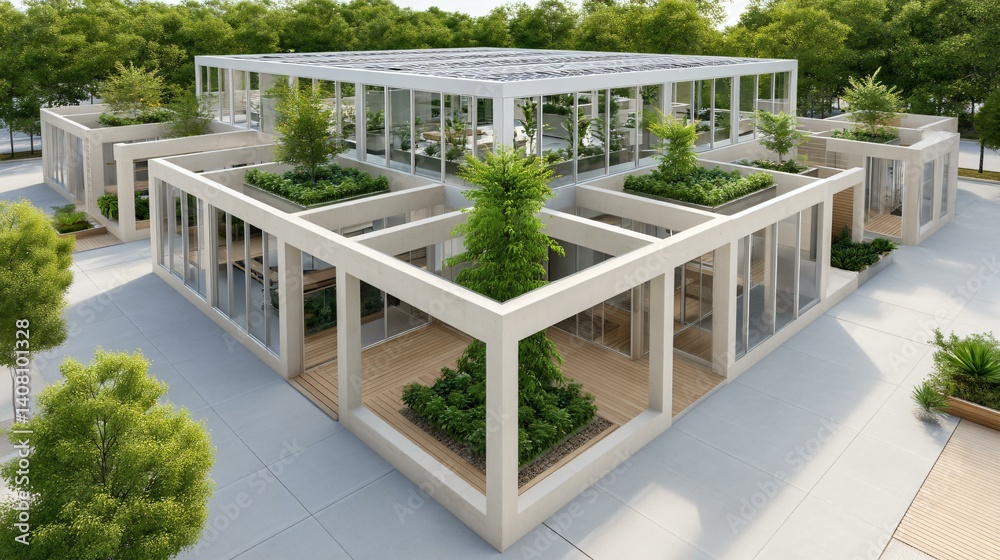 Residential cluster of eco-homes with solar pergolas, shared garden spaces, and modular design, viewed from aerial perspective Residential cluster of eco-homes with solar pergolas, shared garden spaces, and modular design, viewed from aerial perspective
