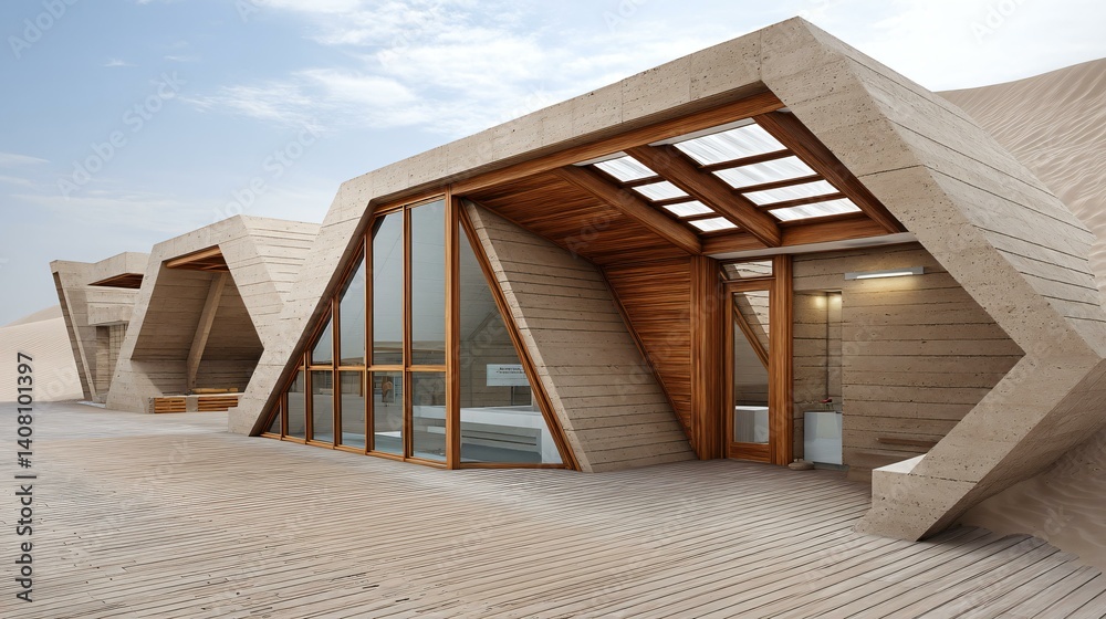 Sustainable cultural center made from adobe and wood, blending into desert environment, featuring passive cooling and solar shading