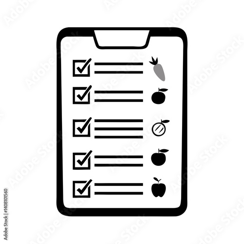 Grocery checklist on a clipboard with food items in a simple vector design