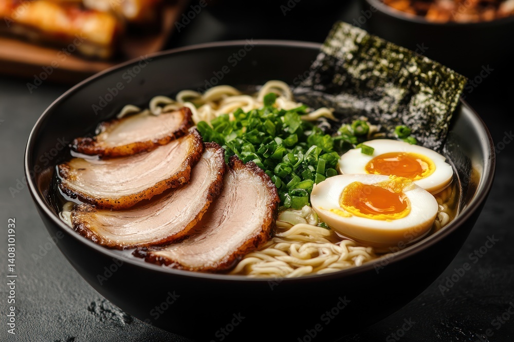 Bowl of ramen noodles with pork egg seaweed and green onions. Bowl of ramen noodles with pork egg seaweed and green onions.