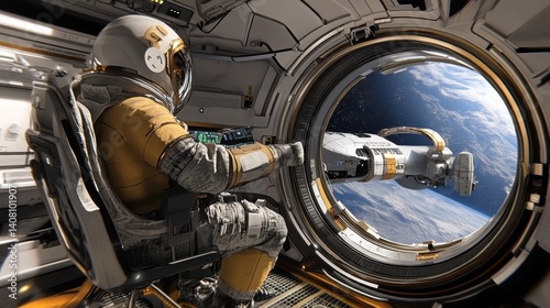 Astronaut working on a space station and observing a spaceship