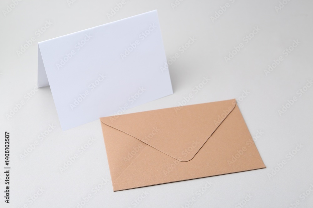 Blank greeting card and paper envelope on light background Blank greeting card and paper envelope on light background