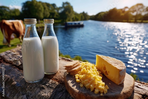 Dairy composition: pasture background, grazing livestock, rural setting, green landscape, cattle scene, agricultural environment, bovine view, natural harmony, fresh produce, meadow atmosphere.