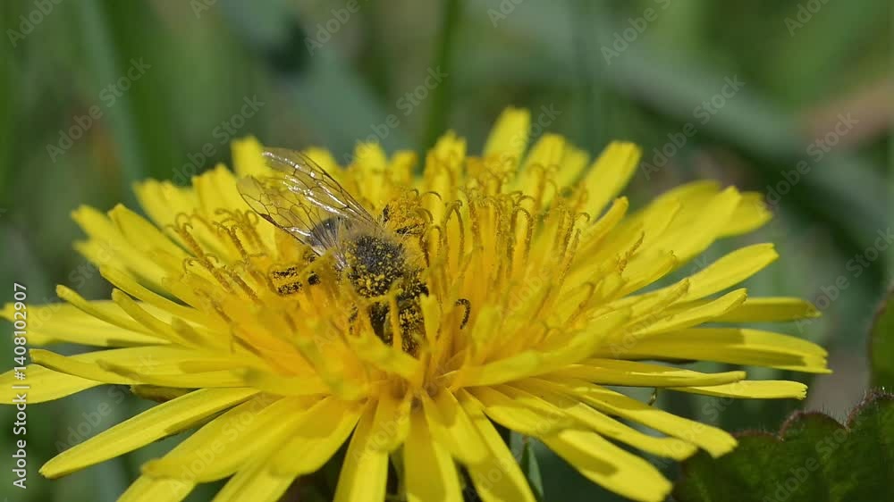 Honey Bee (Apis mellifera) worker feeding and getting covered in the pollen of a dandelion flower. April, Kent, UK [Slow motion x10]