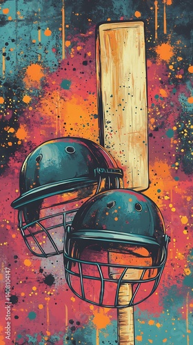 Cricket gear, vibrant background, sports equipment
