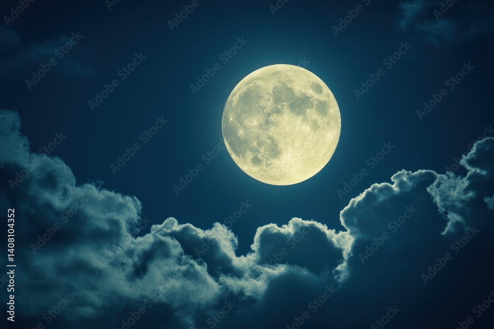 Obraz premium Full moon shines brightly in the night sky with clouds.