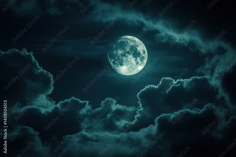 Full moon shines brightly in a dark night sky surrounded by clouds. Full moon shines brightly in a dark night sky surrounded by clouds.