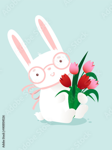 White rabbit with spring flower. Cute kids book illustration.  Spring time. Congratulation card.