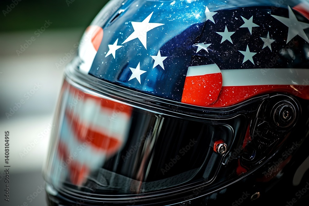 Fototapeta premium Close-up view of a stylish motorcycle helmet designed with an American flag motif, showcasing vibrant colors and sleek design.