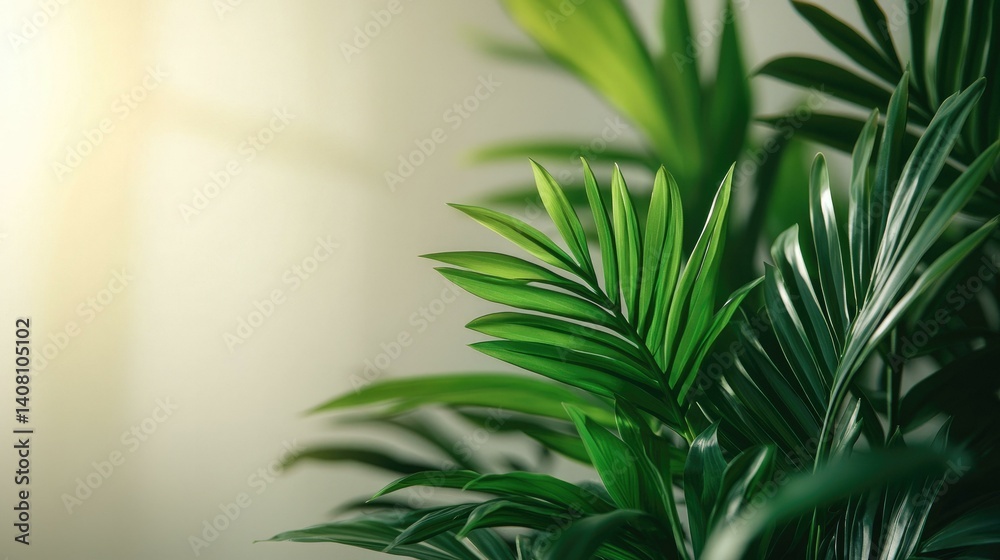 Lush green foliage of a tropical plant gracefully framed against a softly lit background, creating a serene and calming atmosphere in any indoor space for home or office decor.