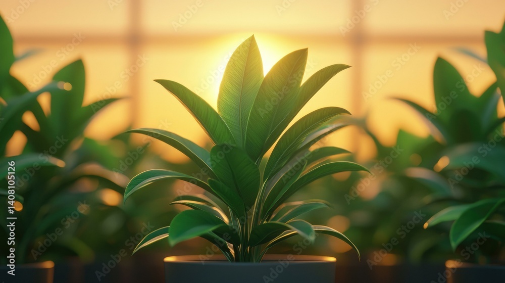 Sunlight filters through a greenhouse, illuminating vibrant green plants with lush leaves, creating a serene atmosphere ideal for nature lovers and gardening enthusiasts.