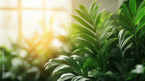 Lush green leaves illuminated by warm sunlight, creating a serene atmosphere in a cozy indoor space filled with plants, perfect for relaxation and tranquility.