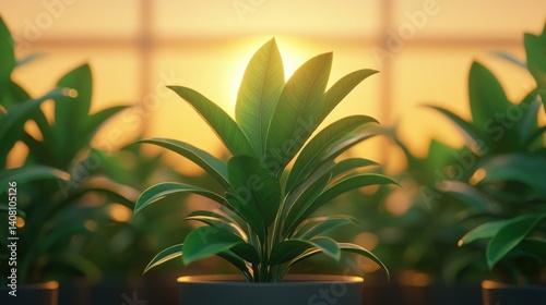 Obraz na płótnie Sunlight filters through a greenhouse, illuminating vibrant green plants with lush leaves, creating a serene atmosphere ideal for nature lovers and gardening enthusiasts. w salonie