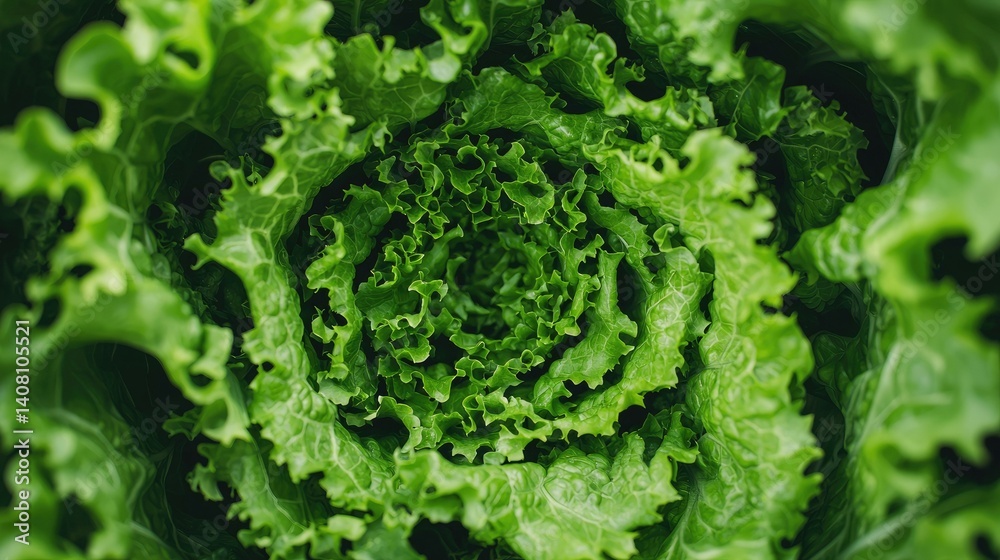 Close-up view of fresh, vibrant green lettuce, showcasing its intricate layers and textures, perfect for culinary or agricultural themes in food photography.