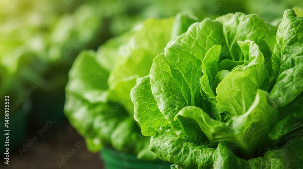 Fresh and vibrant green lettuce leaves growing in a garden, showcasing their crisp texture and healthy appearance, perfect for salads and healthy meals.