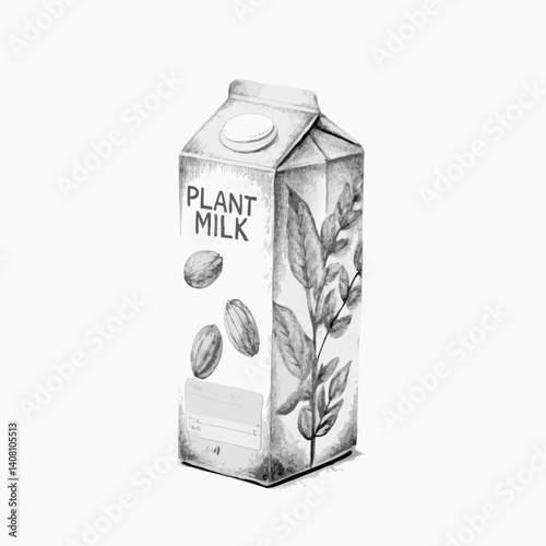 Plant-based milk carton drawing, minimalistic style, monochrome colors, beverage illustration concept

