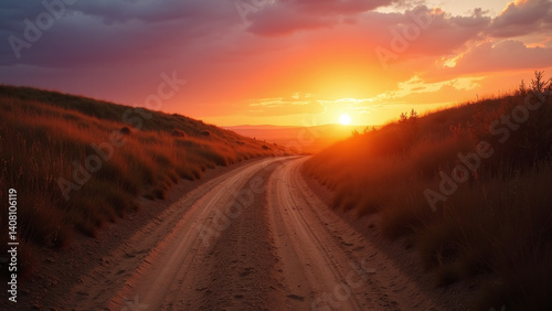 Dirt Road Through Grassy Hills at Sunset