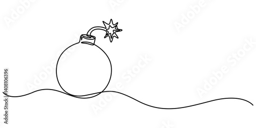Bomb with burning fuse in one Continuous line drawing. Stress explosion and boom concept with fire wick in simple linear style, Bomb one line art, hand drawn military supply, ammunition continuous pro