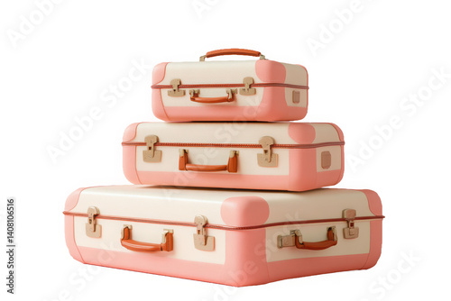 Stacked vintage pink suitcases isolated on transparent background