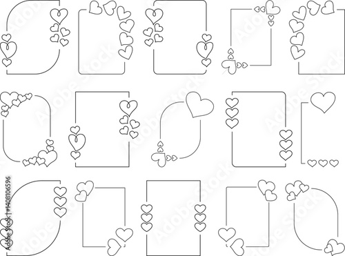 Set of romantic heart-themed rectangular vector frames with minimalist line art borders for love notes, wedding invitations, Valentine’s Day cards, and romantic designs

