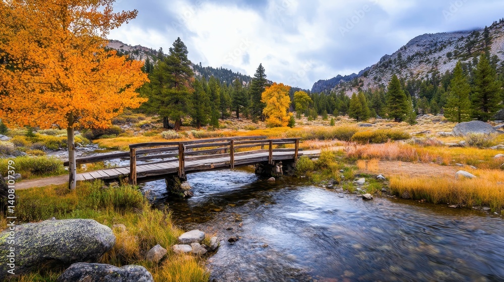 Fototapeta premium Wooden bridge, stream, autumn leaves, mountains, tranquil scene.