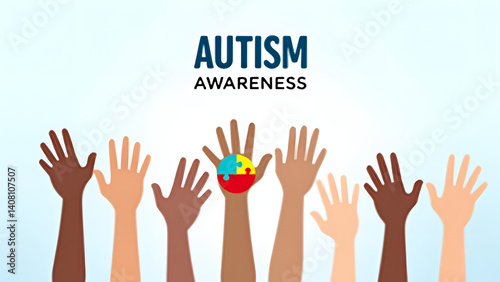 Raised hands in diverse skin tones with a puzzle-piece-adorned center hand. 
