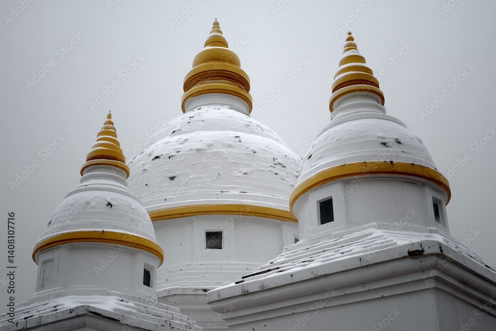 Snow-covered domes of a historic temple in winter fog at a serene mountain location Snow-covered domes of a historic temple in winter fog at a serene mountain location