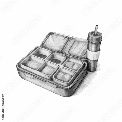 Zero waste lunchbox drawing, minimalist style, monochrome colors, food storage illustration concept