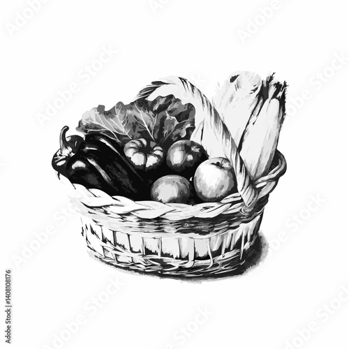 Farmer's market basket with fresh vegetables and fruits drawing, detailed style, monochrome colors, food illustration concept 