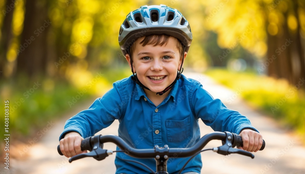 Naklejka premium Smiling boy wearing helmet sitting on bicycle outdoors in park