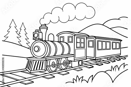 Coloring Pages, Train running on tracks, uncolored, black and white