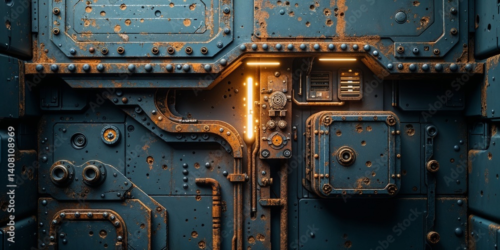 Fototapeta premium Detailed steampunk-inspired metal paneling with rust and glowing light accents and design.