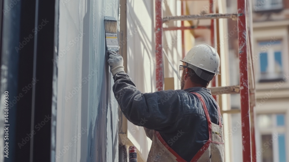 Painter applying finishing touches to a building at a construction site. Featuring attention to detail and skill Painter applying finishing touches to a building at a construction site. Featuring attention to detail and skill